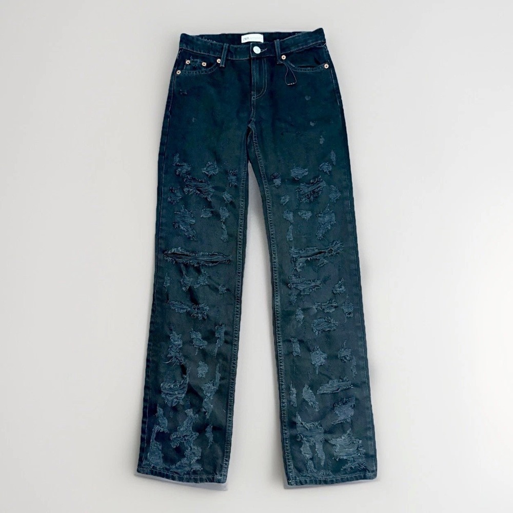 Zara Black Distressed‎ Ripped Straight Leg Jeans Womens Size 0 Distressing 27x31